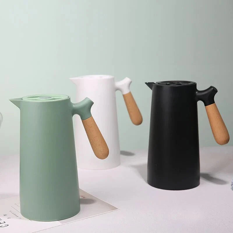 Thermoskan met Houten Handgreep 1L Dubbelwandig Glas Koffiekan Theekan Isoleerkan Scandinavisch Design | Sansoti