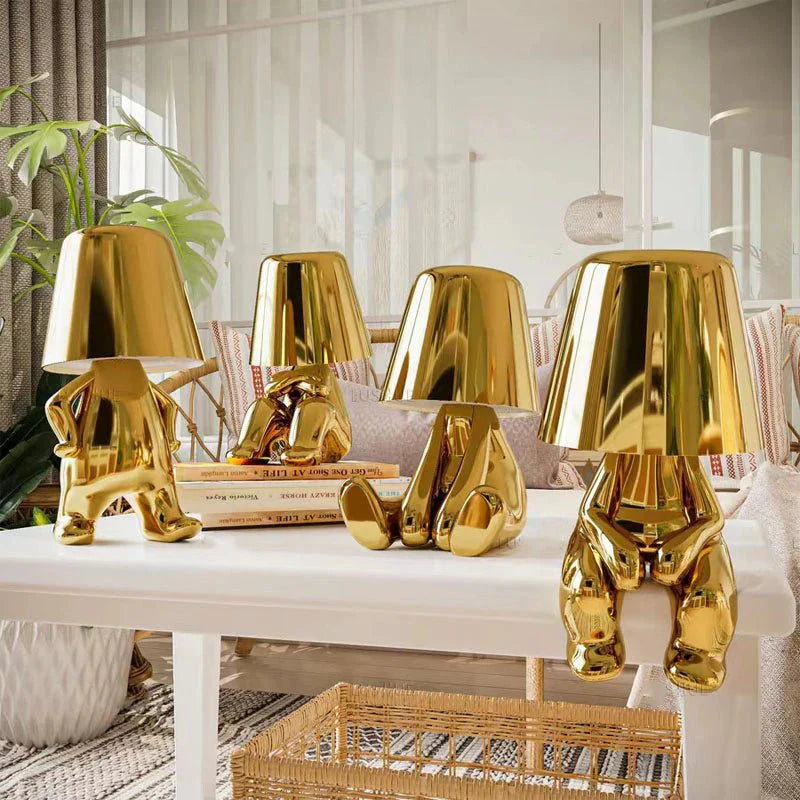 Thinking Figure Table Lamp Gold-Colored Iron USB Rechargeable Sculpture Lighting | Sansoti