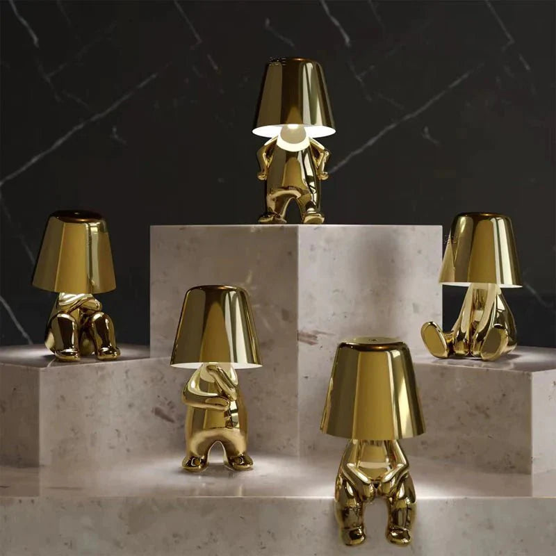 Thinking Figure Table Lamp Gold-Colored Iron USB Rechargeable Sculpture Lighting | Sansoti