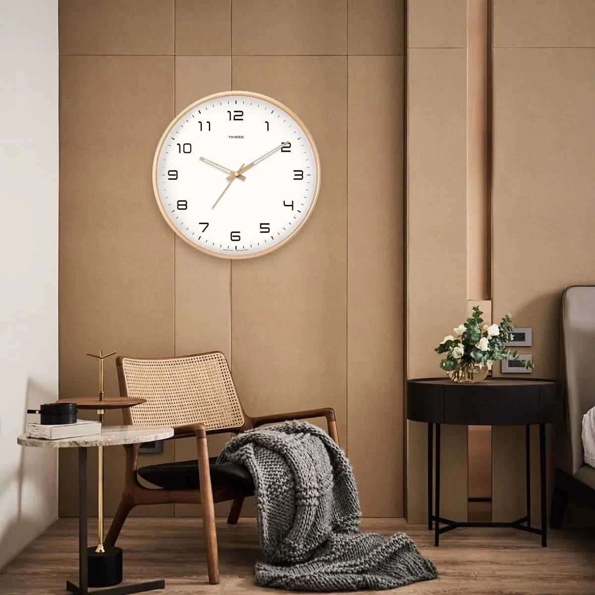 Wooden Wall Clock Analog Minimalist Design Natural Cream Brown Living Room Kitchen Office Silent Movement | Sansoti