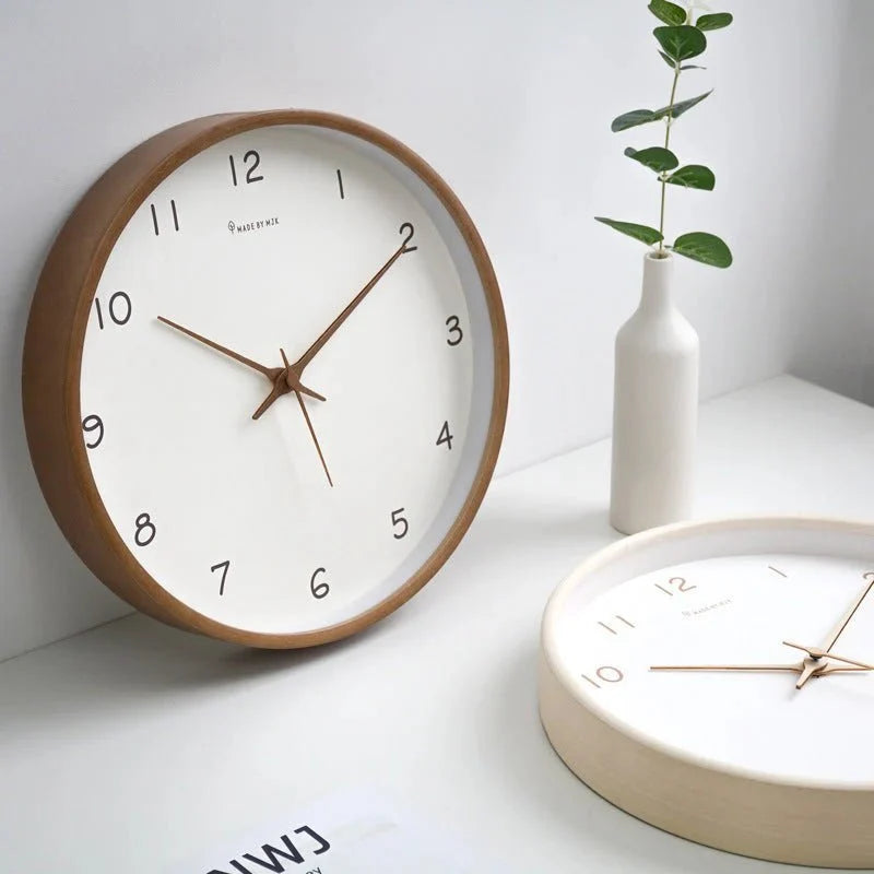 Wooden Wall Clock Analog Minimalist Design Natural Cream Brown Living Room Kitchen Office Silent Movement | Sansoti