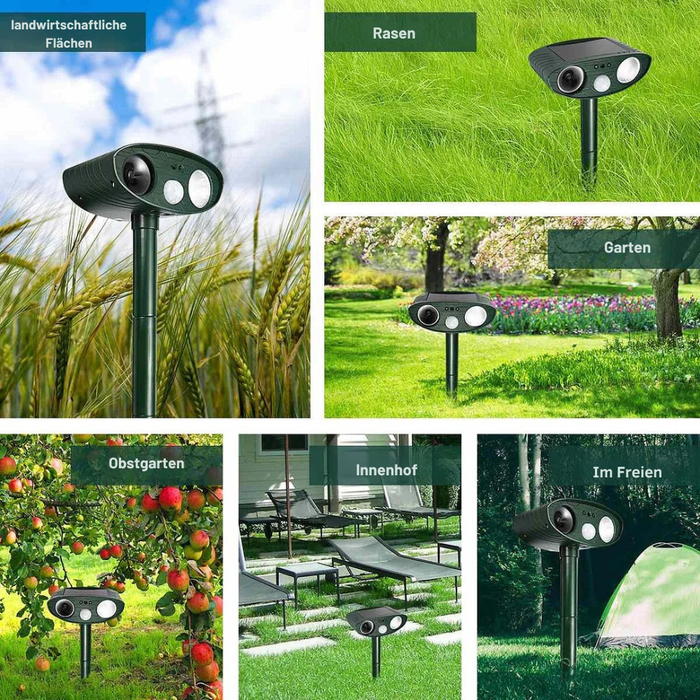 Solar Dierenverjager met Ultrasoon Geluid 4-Delige Set – PIR 9,14m Bereik – 18–40 kHz Frequentie – 110° Detectiehoek voor Tuin en Wildlife Bescherming | Sansoti