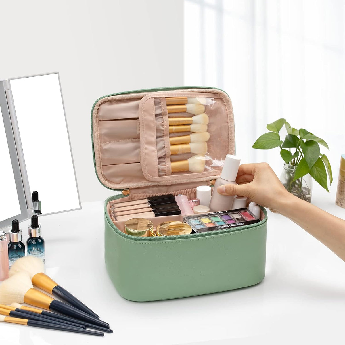 Cosmetics Organizer with Adjustable Dividers and Handle | Portable Makeup Case for Travel and Home | Sansoti