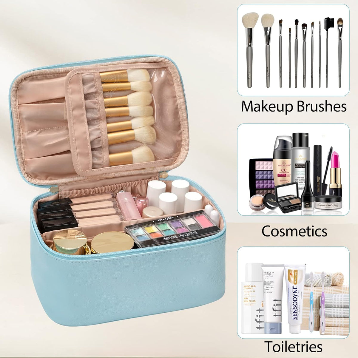 Organisateur de cosmétiques avec cloisons réglables et poignée | Valise de maquillage portable pour voyage et maison | Sansoti