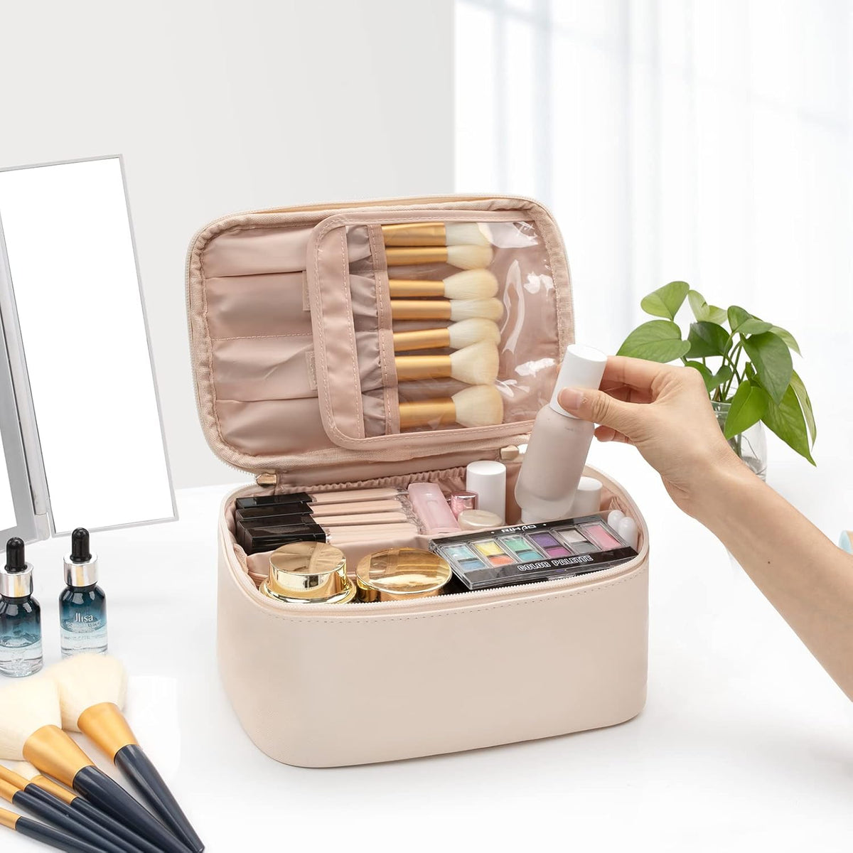 Cosmetics Organizer with Adjustable Dividers and Handle | Portable Makeup Case for Travel and Home | Sansoti