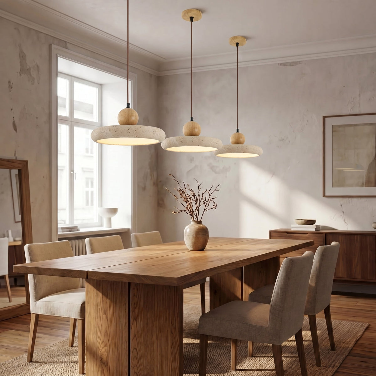 Hängelampe aus Travertin und Holz, Naturstein, LED, Esszimmer, verstellbar, skandinavisches Design, stimmungsvolle Beleuchtung, warmes Licht | Sansoti