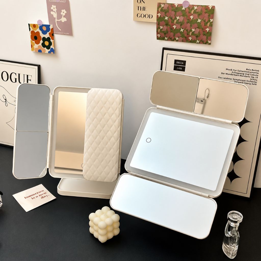 Three-Panel Makeup Mirror with LED Lighting and 2x, 3x, and 10x Magnification, Rechargeable and Adjustable, Foldable | Sansoti