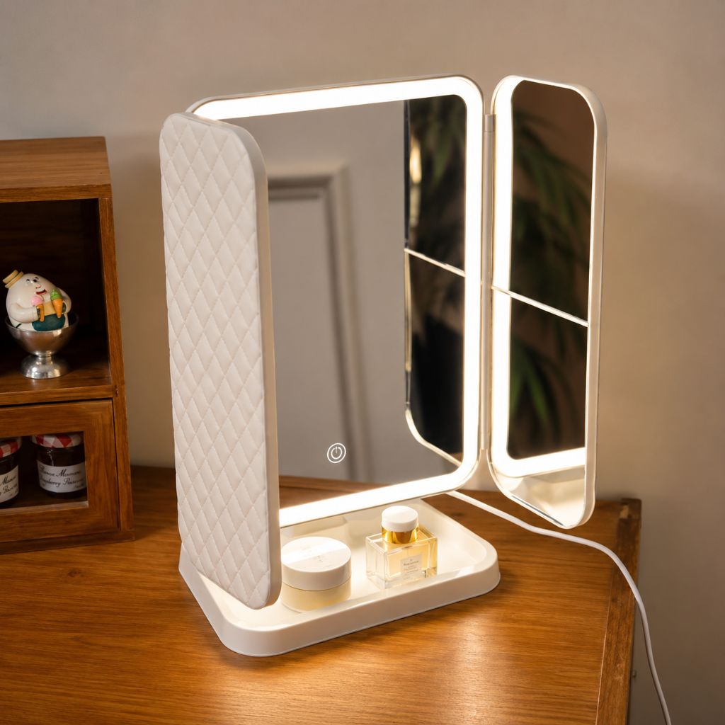 Three-Panel Makeup Mirror with LED Lighting and 2x, 3x, and 10x Magnification, Rechargeable and Adjustable, Foldable | Sansoti