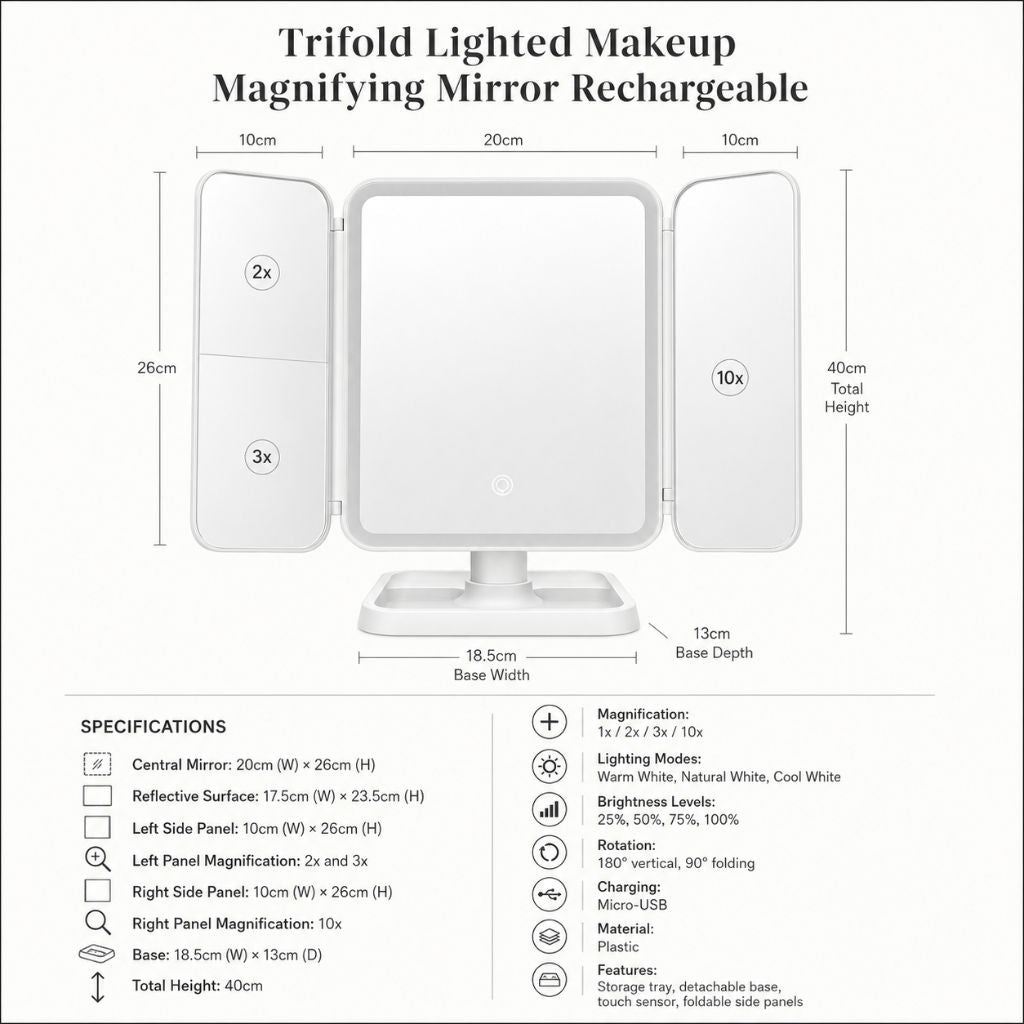 Three-Panel Makeup Mirror with LED Lighting and 2x, 3x, and 10x Magnification, Rechargeable and Adjustable, Foldable | Sansoti