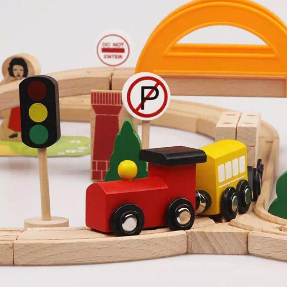 Houten Treinset met Rails 78-delig Speelgoed Inclusief Opbergbox Educatief Constructiespel Kinderen 3 Jaar | Sansoti