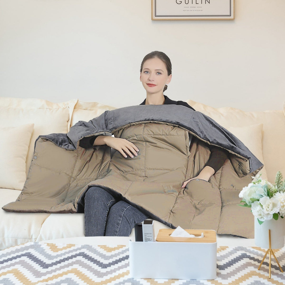 USB heated wrap blanket with zippered pockets, 6 heat zones, portable for home, work, travel, and relaxation | Sansoti