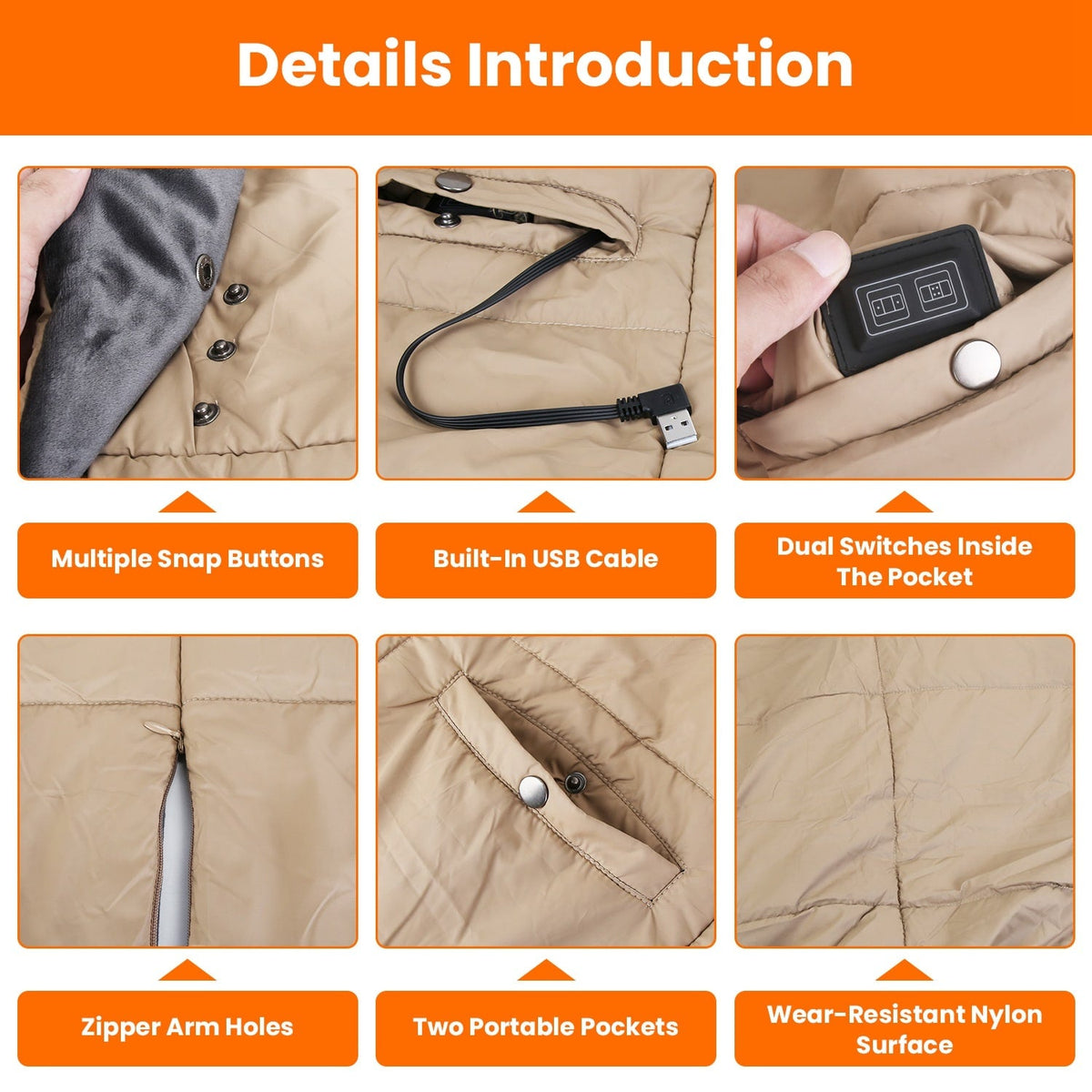 USB heated wrap blanket with zippered pockets, 6 heat zones, portable for home, work, travel, and relaxation | Sansoti
