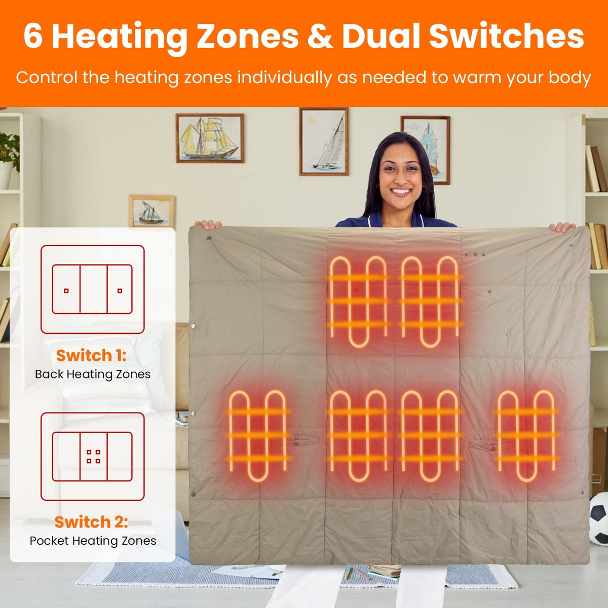 USB heated wrap blanket with zippered pockets, 6 heat zones, portable for home, work, travel, and relaxation | Sansoti