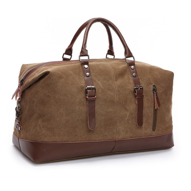 Vintage Weekendtas Leer Canvas Waterafstotend Reistas Cognac Bruin Handbagage Duffelbag Sporttas Schoudertas | Sansoti