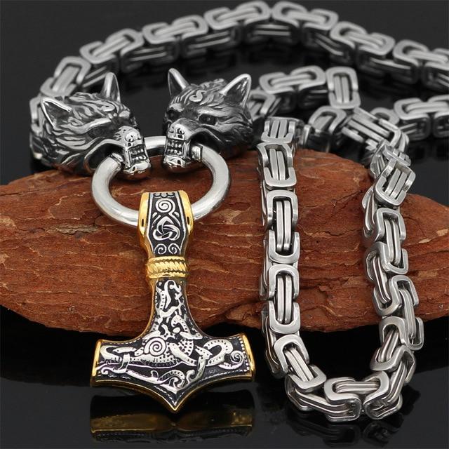 Stainless Steel Chain Necklace with Double Wolf Head & Hammer Ornament 60-90cm Adjustable Unisex Jewelry | Sansoti