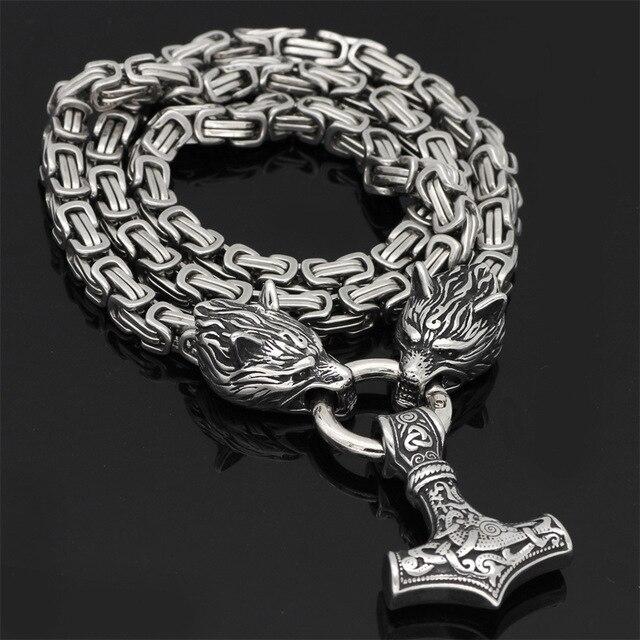 Stainless Steel Chain Necklace with Double Wolf Head & Hammer Ornament 60-90cm Adjustable Unisex Jewelry | Sansoti