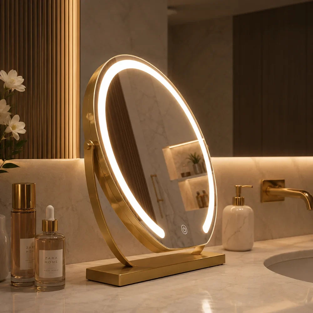 Make-up Mirror with 15x Magnification, LED Lighting, 360° Rotation, Touch Control, Dimmable Desk Vanity | Sansoti