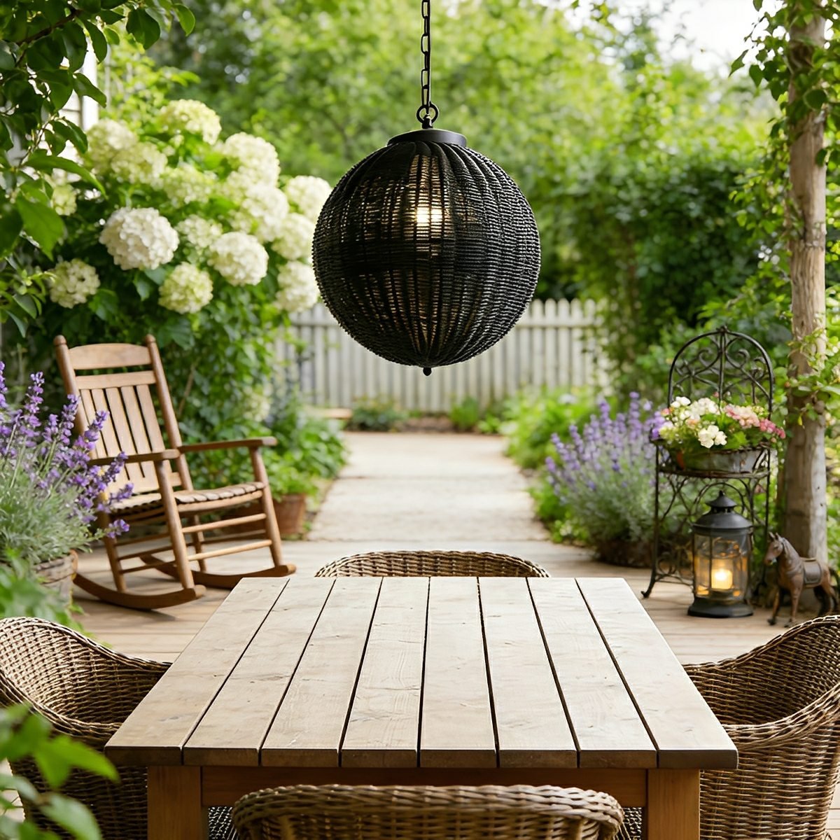 Hängelampe Außen Rattan Schwarz E27 Garten Retro Runde Außenlampe Verstellbares Kabel Terrasse Veranda Außenbeleuchtung Landhausstil | Sansoti