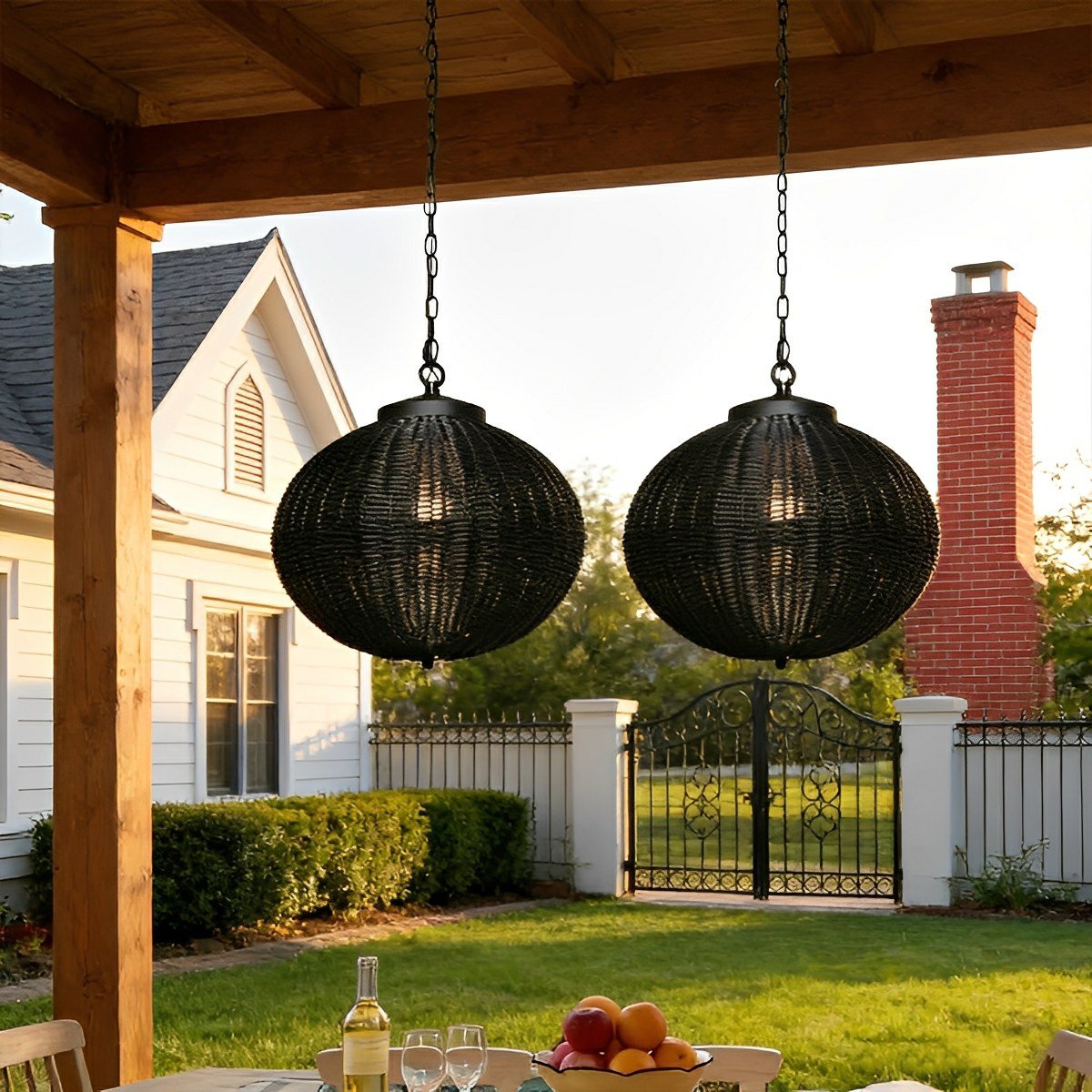 Hängelampe Außen Rattan Schwarz E27 Garten Retro Runde Außenlampe Verstellbares Kabel Terrasse Veranda Außenbeleuchtung Landhausstil | Sansoti
