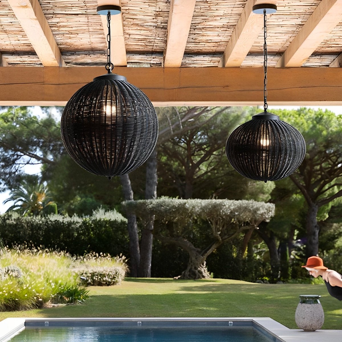 Hängelampe Außen Rattan Schwarz E27 Garten Retro Runde Außenlampe Verstellbares Kabel Terrasse Veranda Außenbeleuchtung Landhausstil | Sansoti