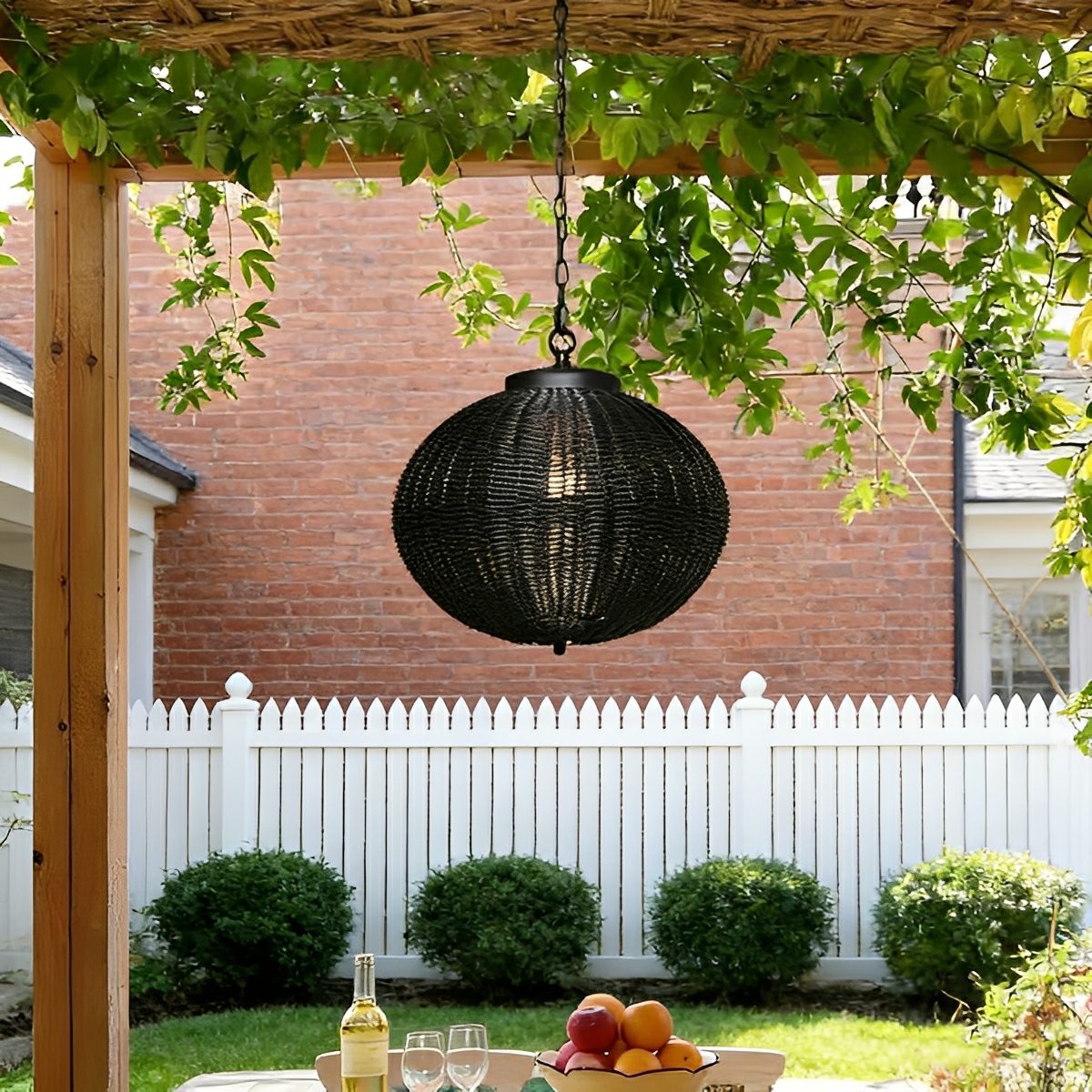 Hängelampe Außen Rattan Schwarz E27 Garten Retro Runde Außenlampe Verstellbares Kabel Terrasse Veranda Außenbeleuchtung Landhausstil | Sansoti