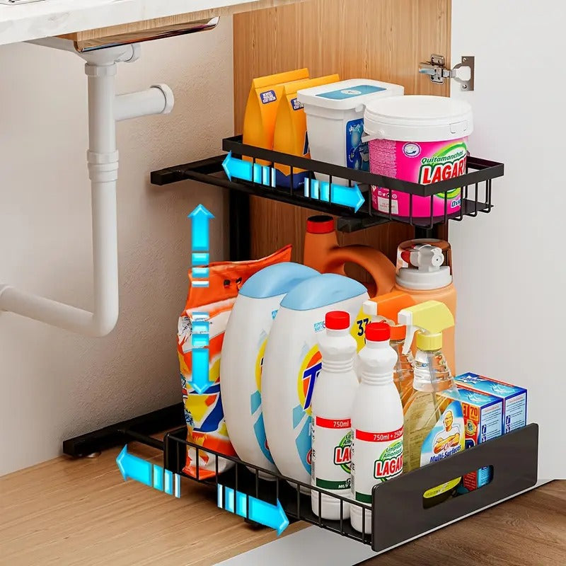 Pull-Out 2-Tier L-Shaped Cabinet Rack Kitchen Organizer Under-Cabinet Storage System Kitchen Cabinet Organizer | Sansoti