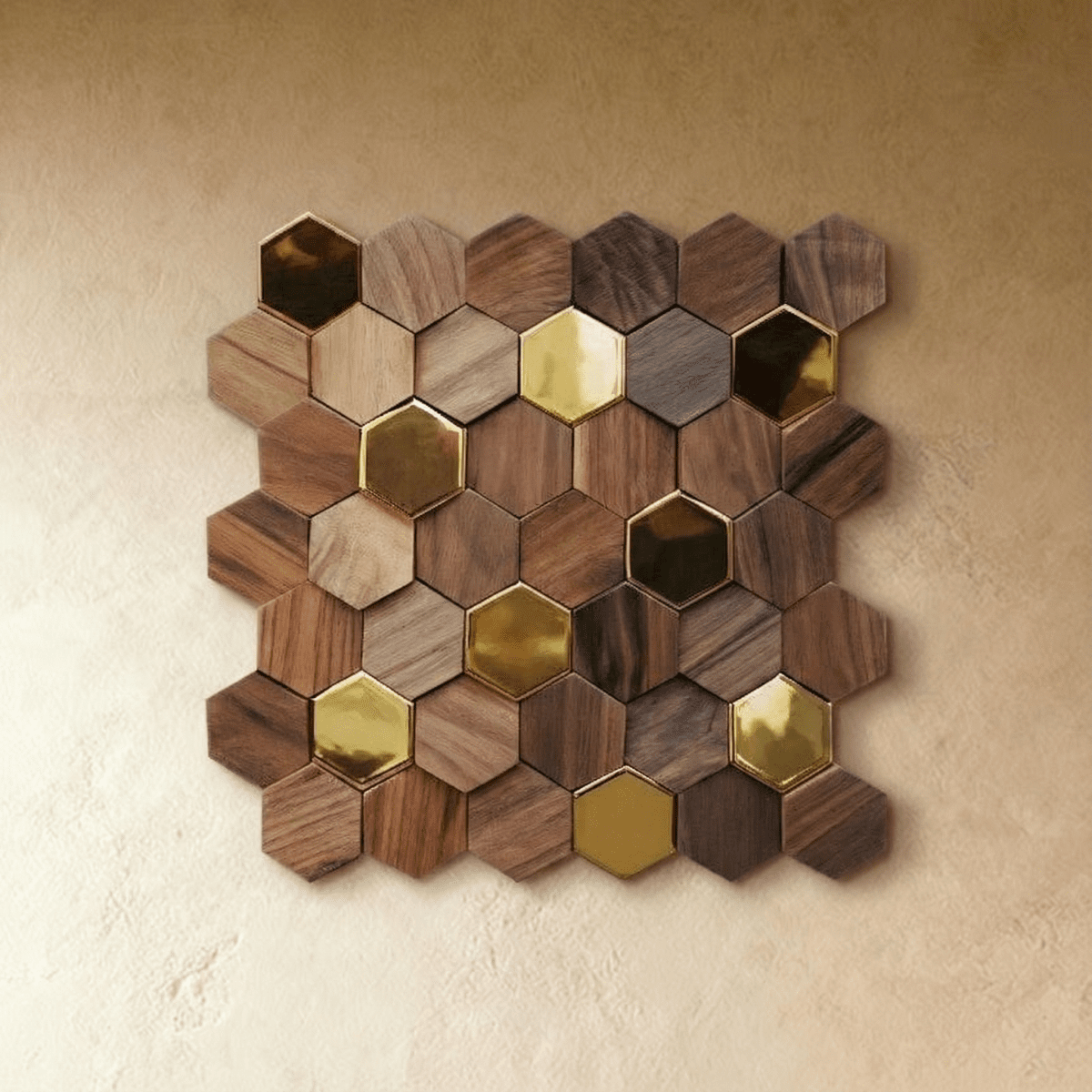 Wikne wooden mosaic wall panels with hexagon design for modern accent walls | Sansoti