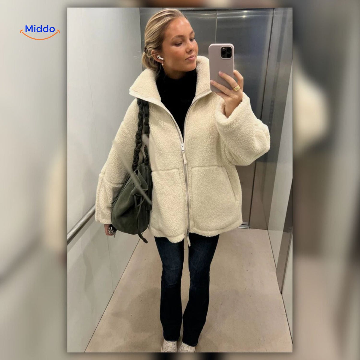 Teddy Winterjas Dames met Hoge Kraag - Zachte Lamswol Imitatie Jas - Beige Bruin Khaki - Warm Wintermodel | Sansoti